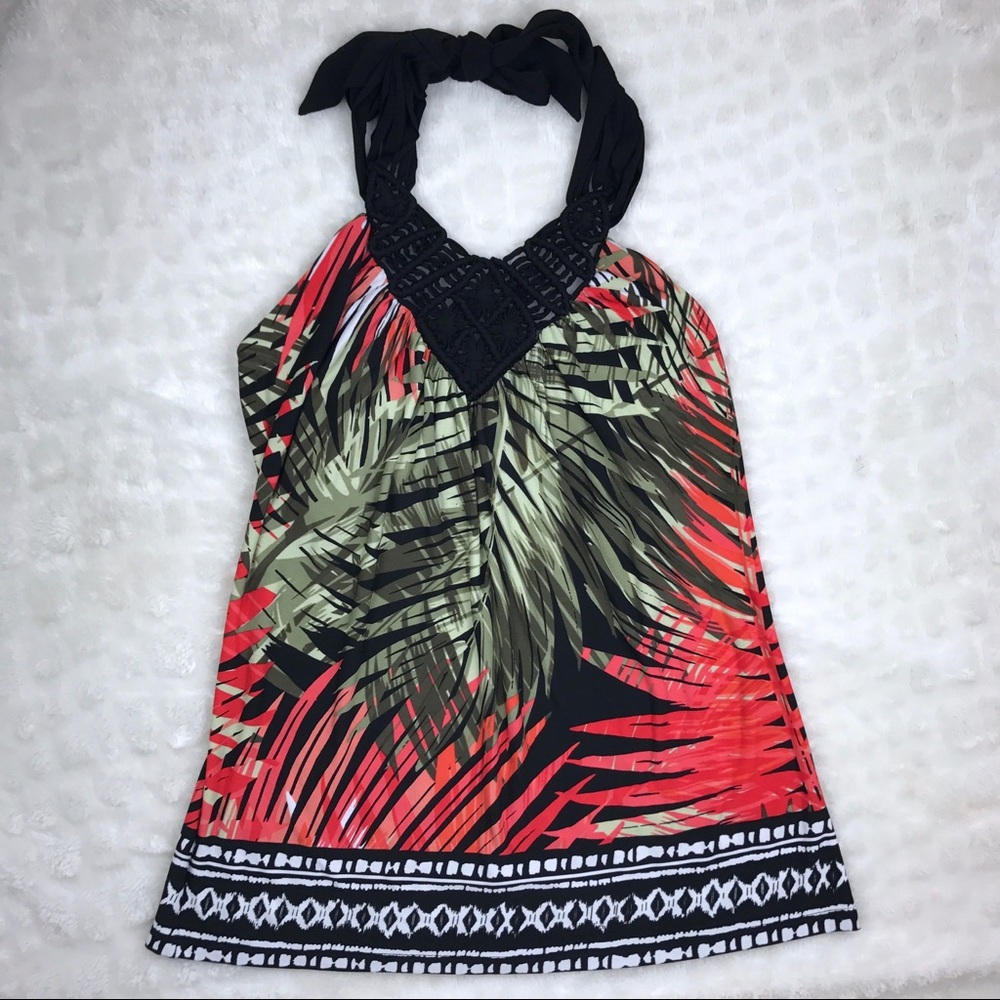 Cache Black White Orange Leaf Halter Top Shirt XS